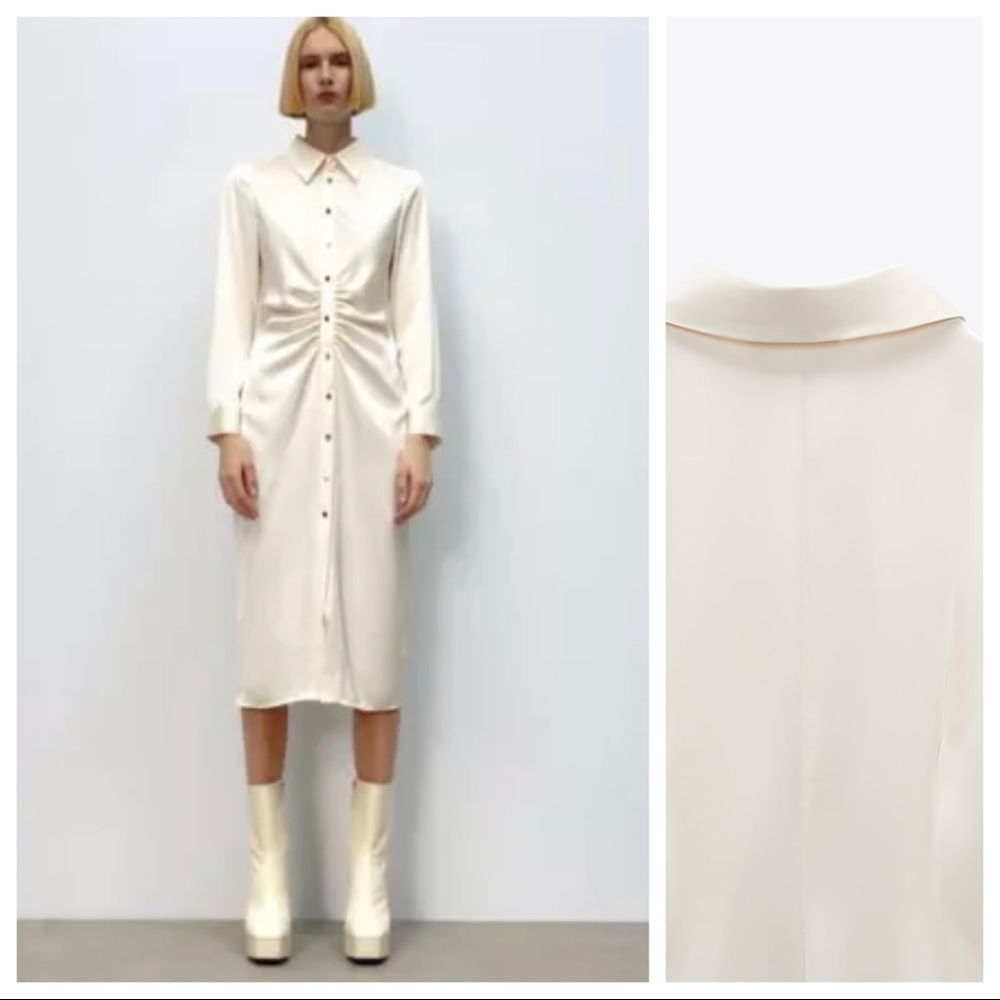 NWOT. Zara Special Edition Ecru Satin Shirt Midi Dress. Size S.
